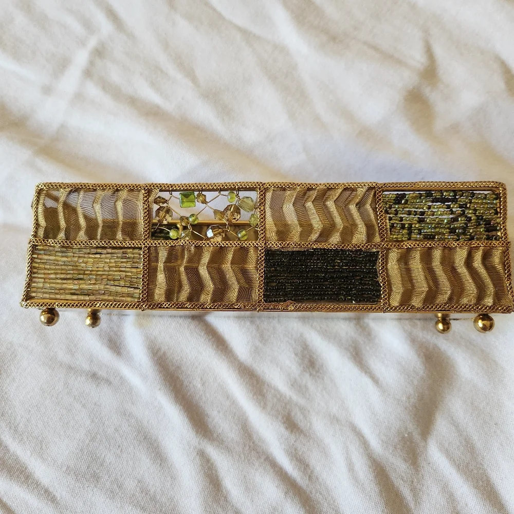 Vintage Beaded Gold Trinket Tray Jewelry Organizer Decorative Vanity